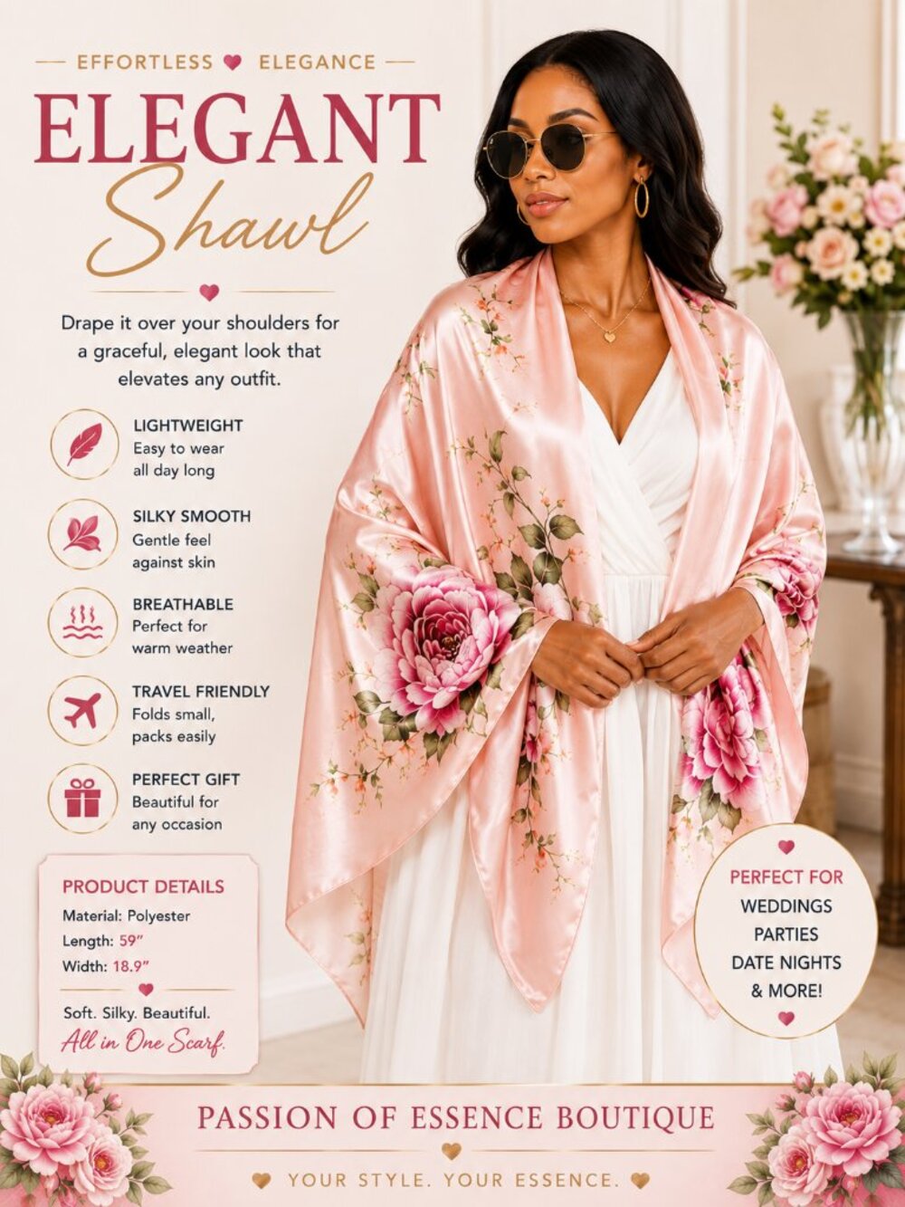 Passion of Essence Blush Pink Floral Silky Scarf Shawl Lightweight Elegant Wrap